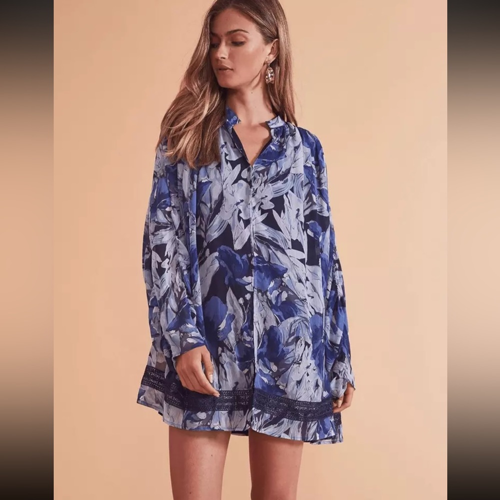 Tularosa Blanka Midnight Floral Blue Long Sleeve Flowy Mini Dress Small